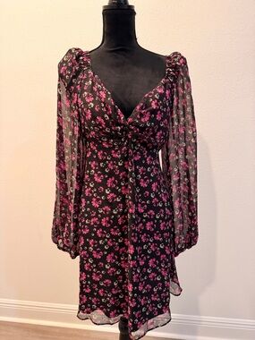 Astr Black & Pink Floral Long Sleeve V-Neck Dress